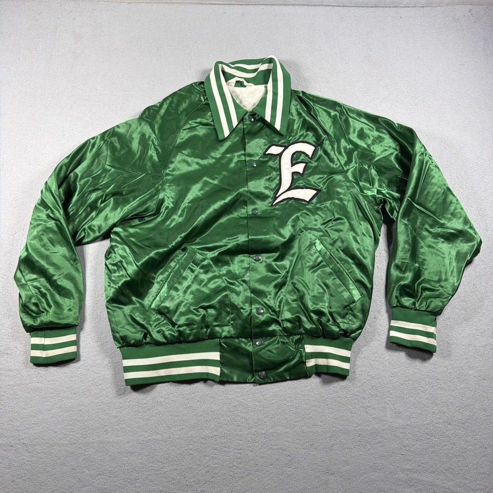 Vintage Don Alleson Jacket Mens Large Green Satin Varsity Snap E Logo 70s